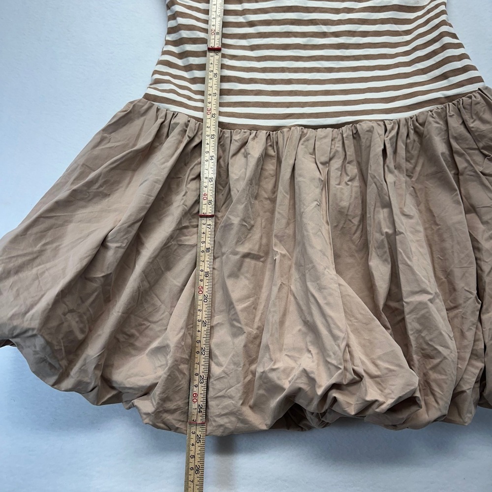 Indie Luxe Mini Dress Women Tan White Striped Strapless Bubble Hem Drop Waist - Picture 4 of 6